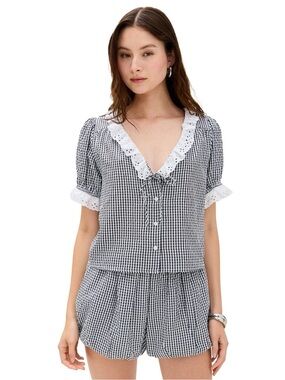 Wayf Black & White Gingham Eyelet-Trim Puff Sleeve Top NWOT
